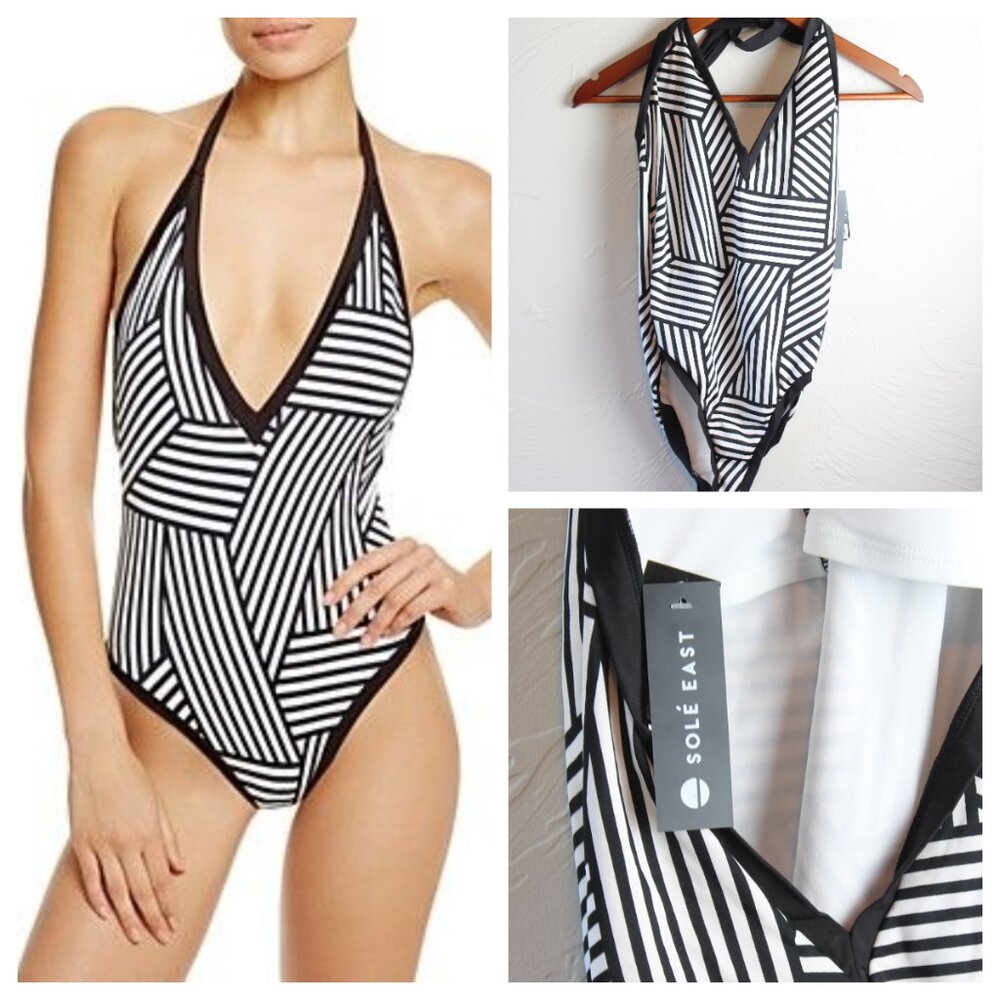 Sole East Onia Halter One Piece Plunge Swimsuit White Black Stripe XLarge NWT